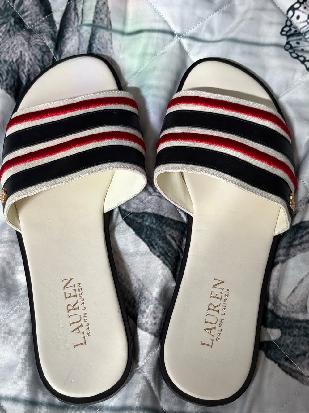 Lauren Ralph Lauren White Slide Mules with Black & Red Stripes